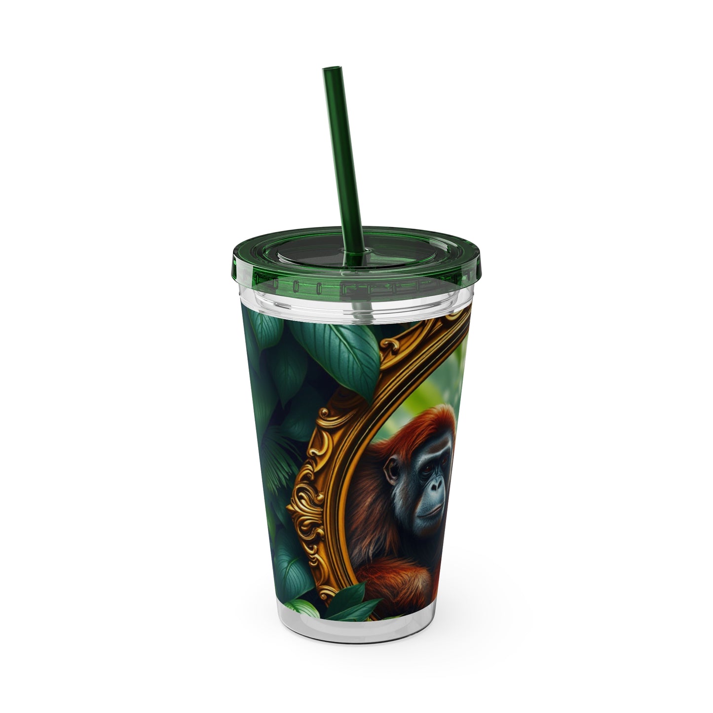 Tropical Tumbler with Straw | 16oz Colorful Travel Cup / Framed Orangutan Apes