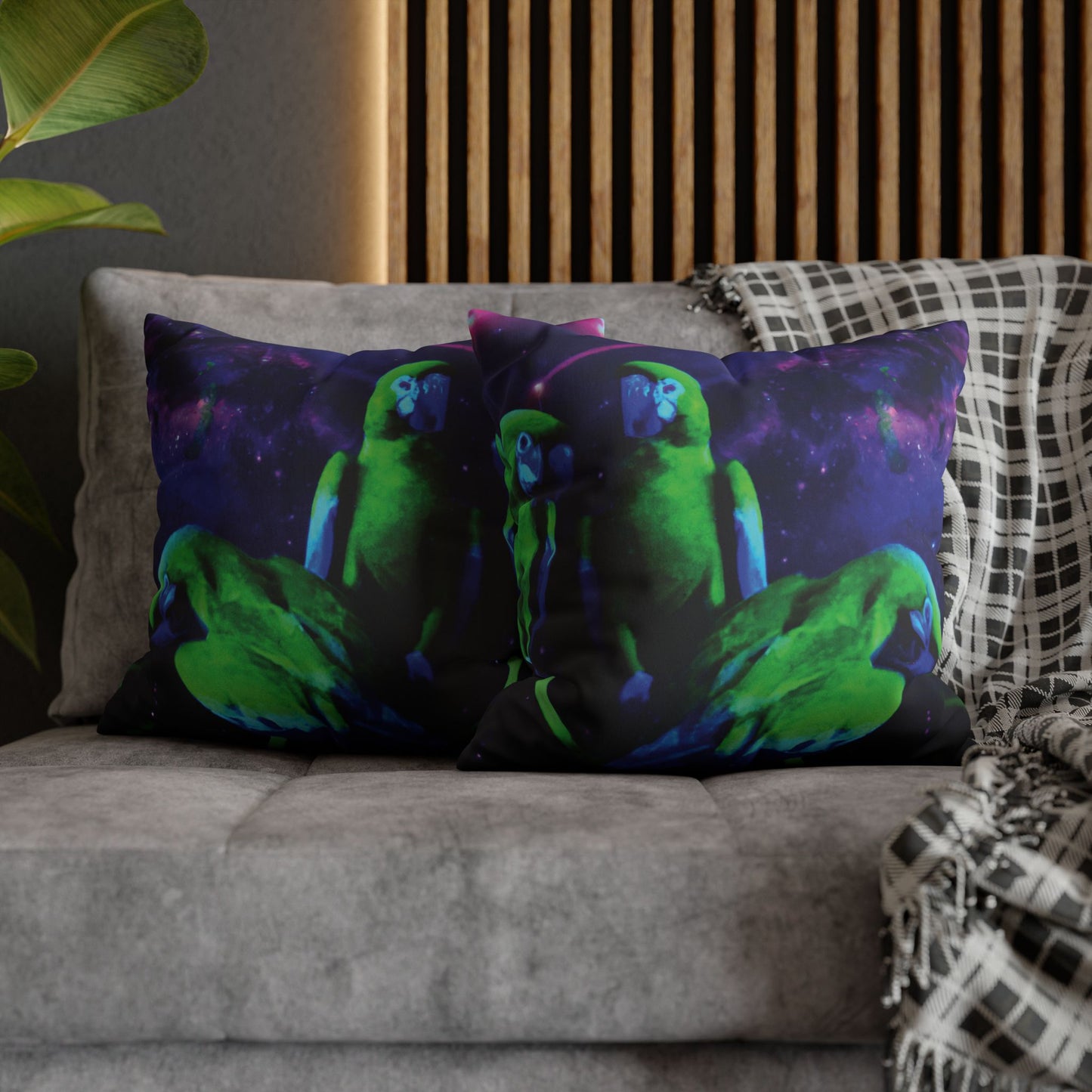 Faux Suede Square Pillowcase - Neon Parrots at Night