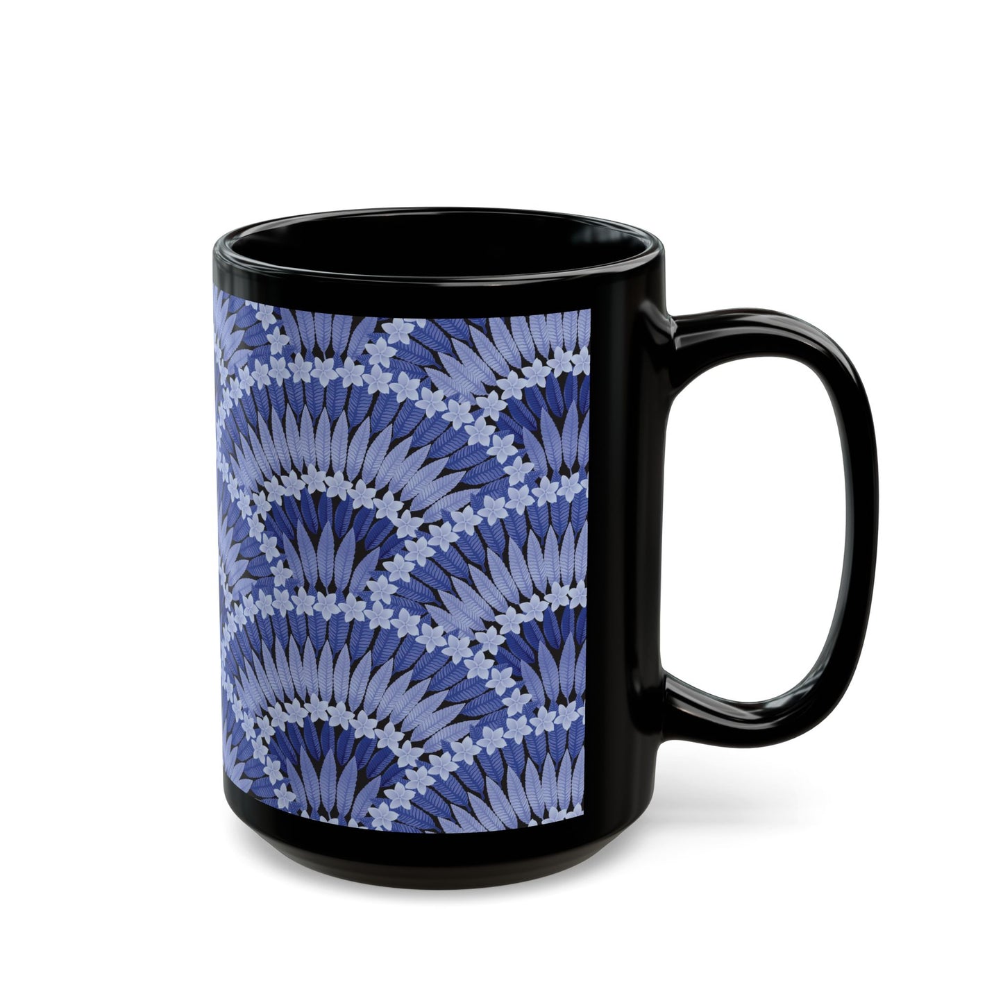 Black Mug (11oz, 15oz), Plumeria and Palms, Navy Blue