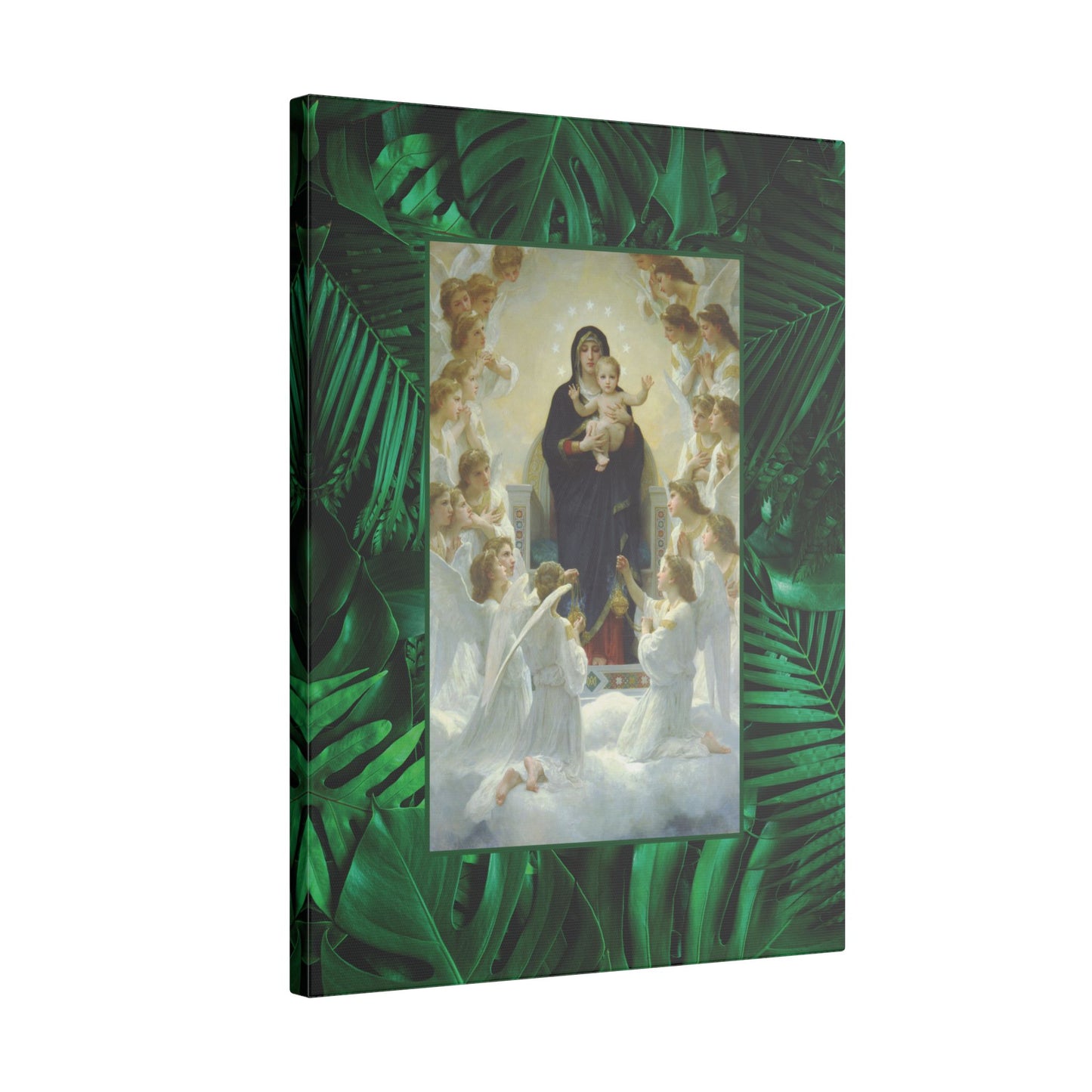 "Tropical Rainforest Our Lady With Angels" Religious Canvas Artwork - Stretched Canvas Print / Virgin Mary & Jesus