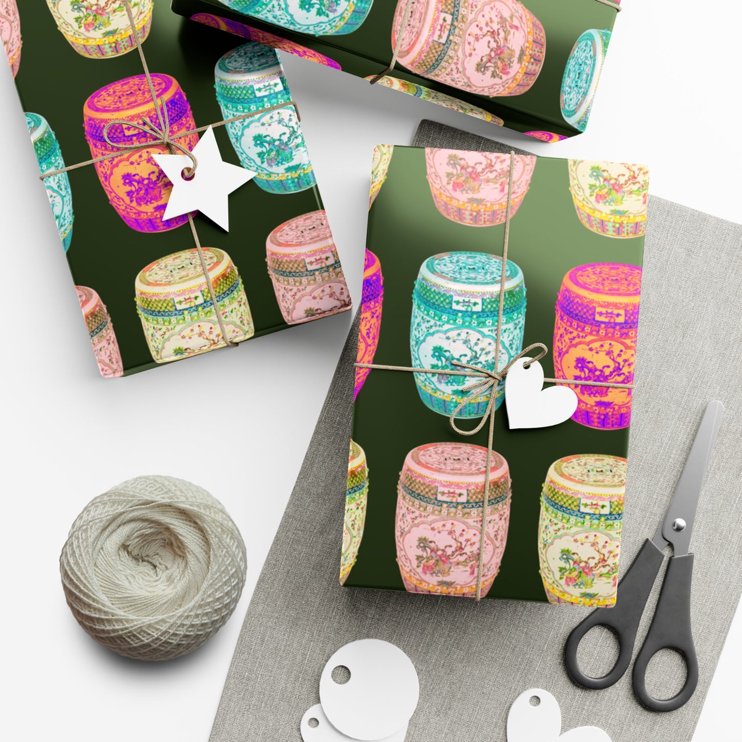 Wrapping Paper - Tropical Gift Wrap for All Occasions / 3 Sizes, 2 Finishes / Pop Art Porcelain Stools, Black