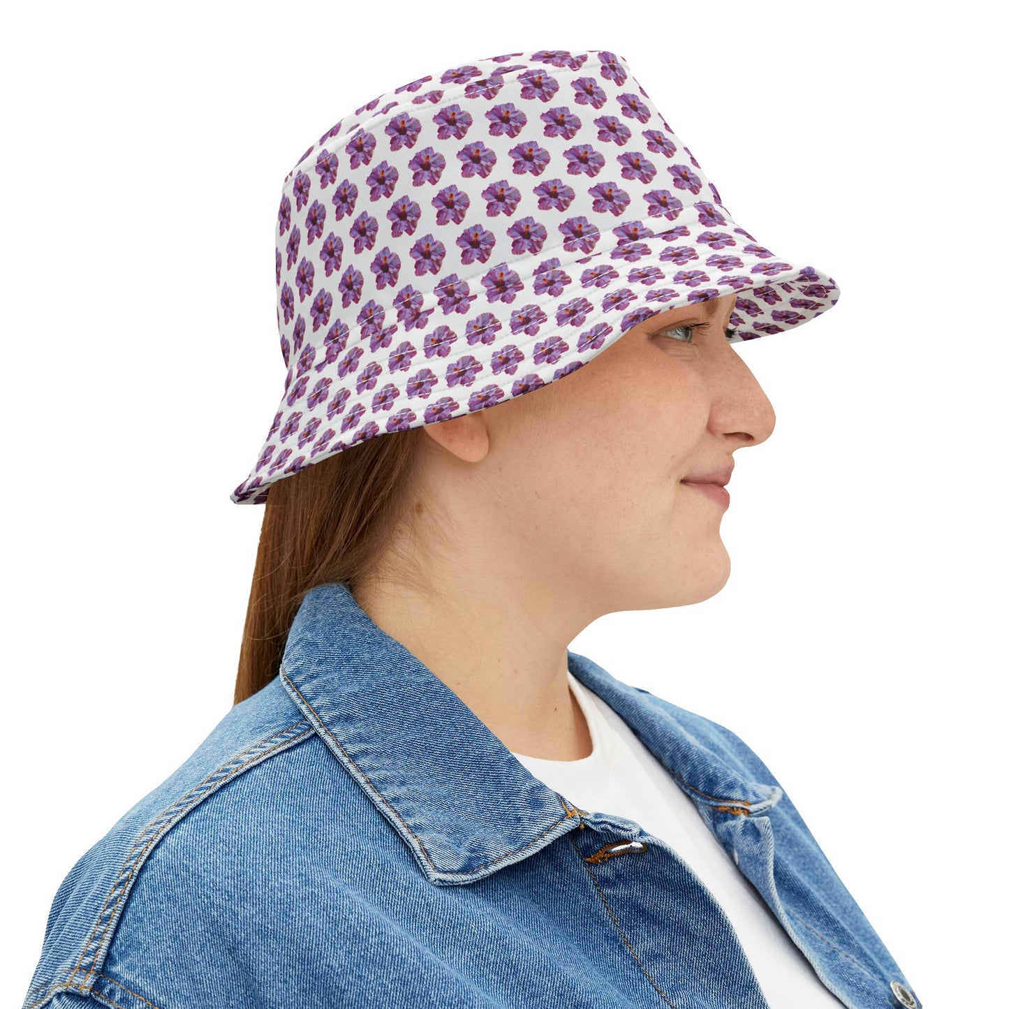 Tropical Polyester Bucket Hat, 2 Sizes - Purple Hibiscus/MICRO