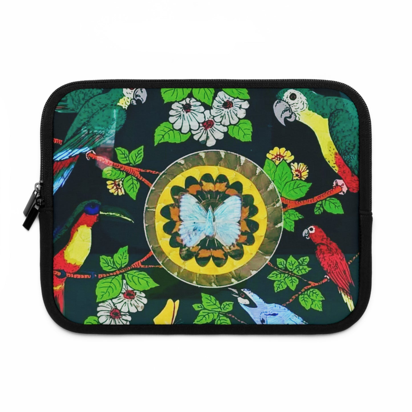Tropical Laptop Sleeve, 5 Sizes - Perfect for Beach Lovers & Students / Parrots & Real Butterfly Wings Art