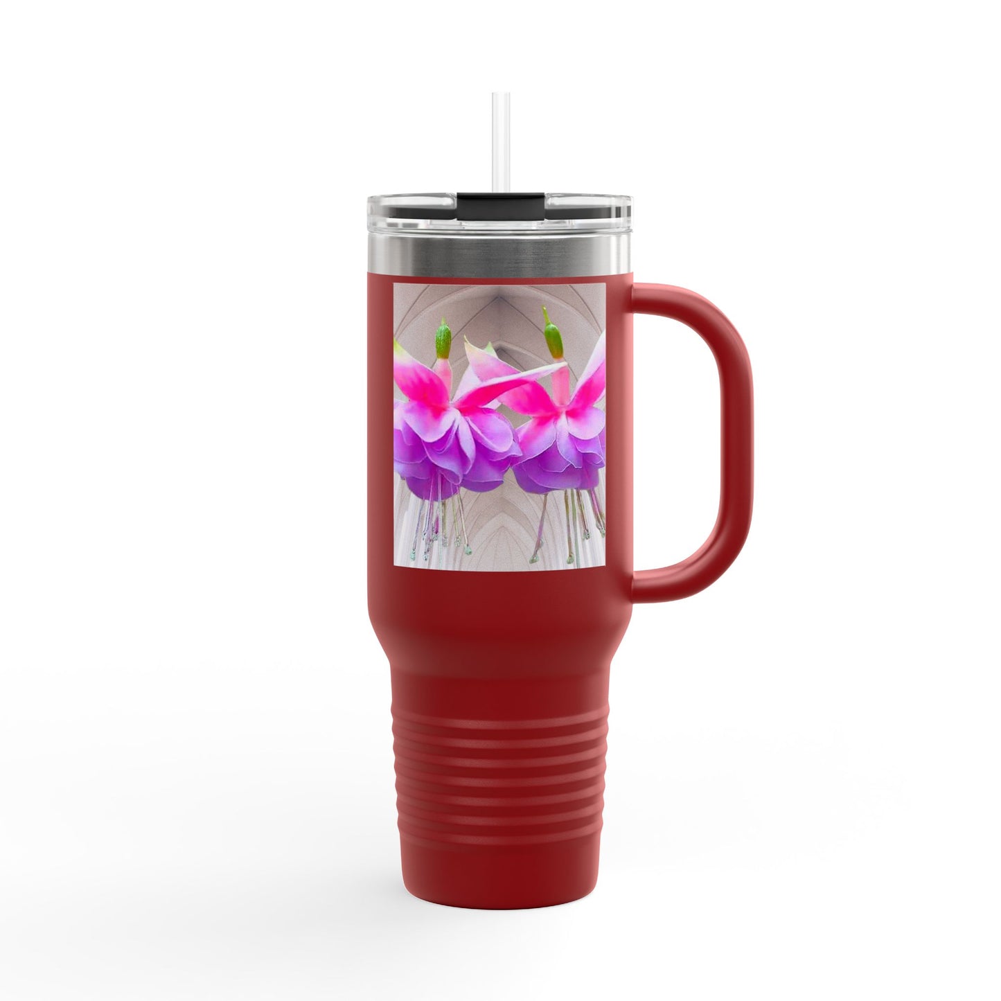 Insulated Travel Mug, 40oz / Floral Two Fuchsias, Gothic - Perfect for Outdoor Adventures