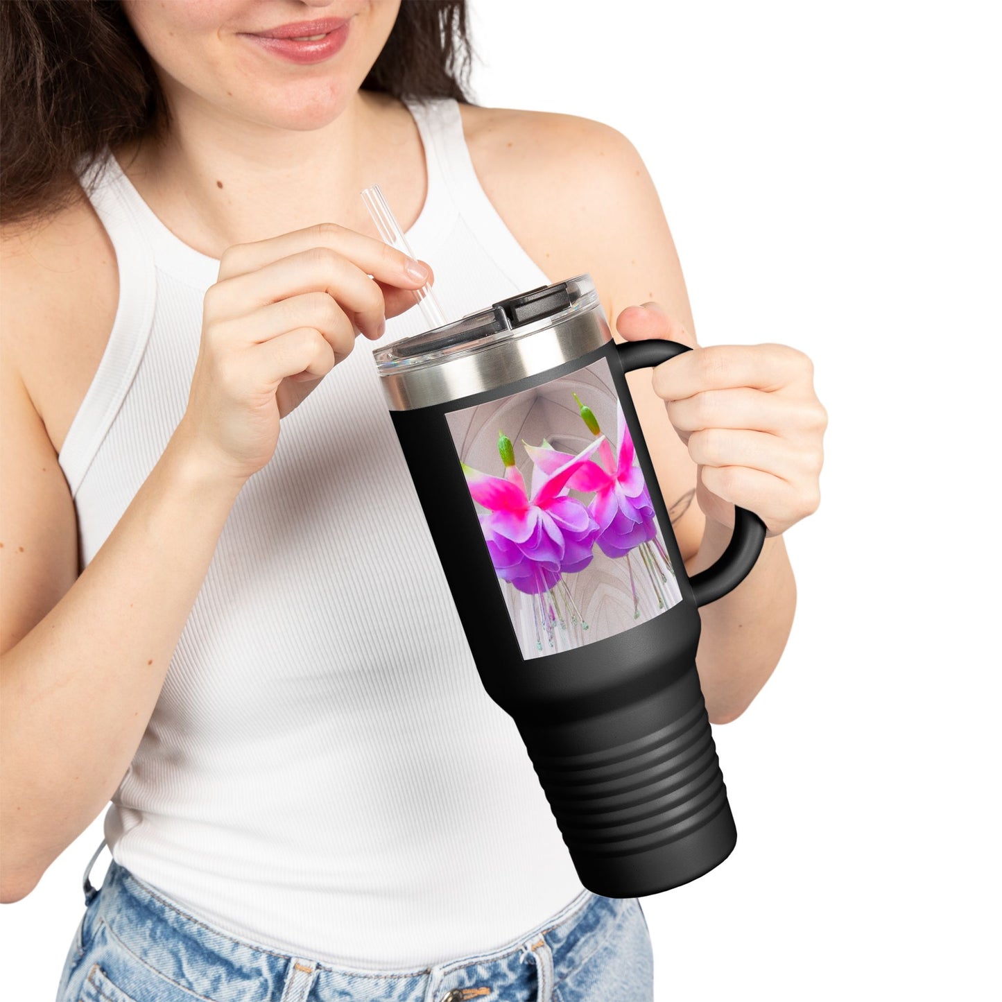 Insulated Travel Mug, 40oz / Floral Two Fuchsias, Gothic - Perfect for Outdoor Adventures