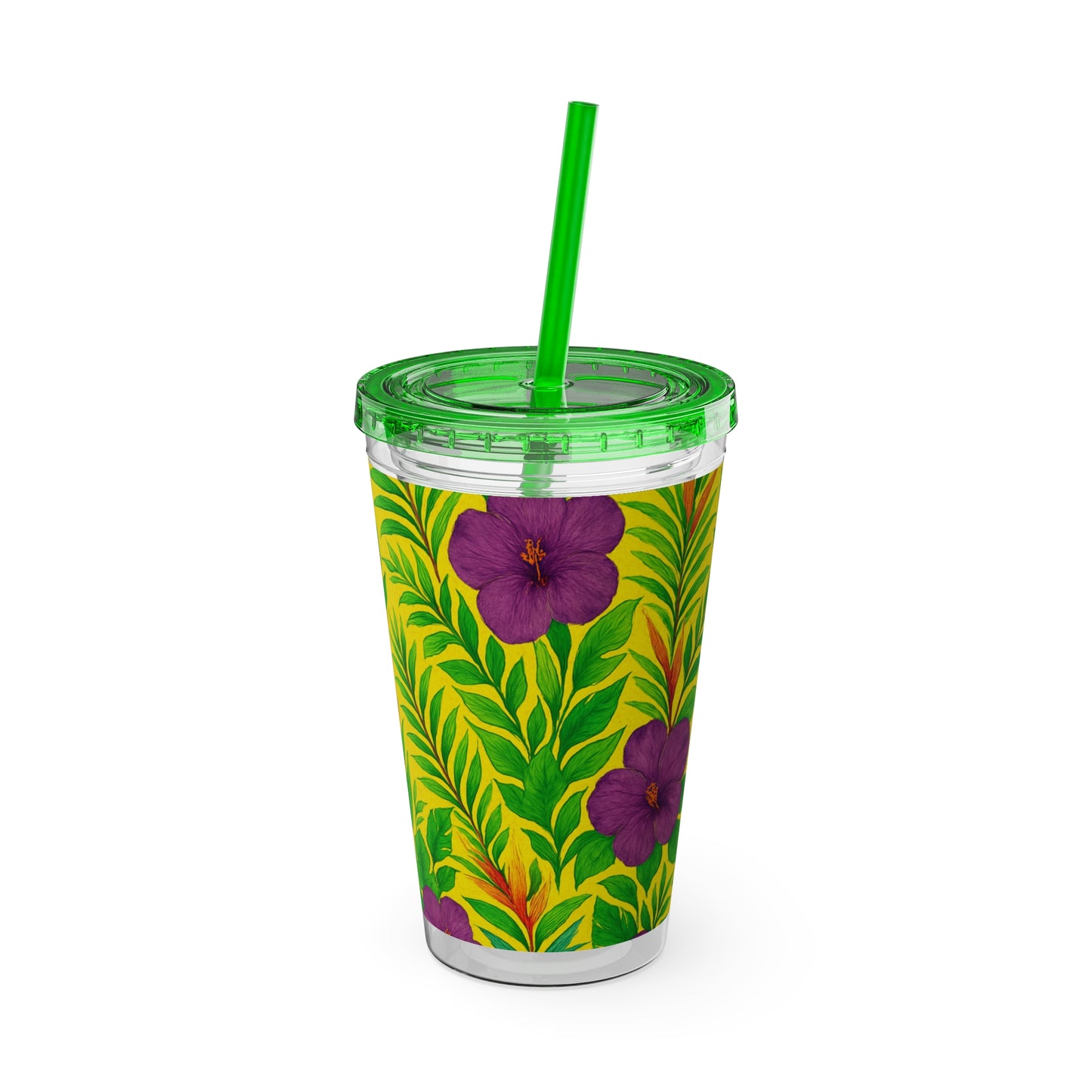 Tropical Tumbler with Straw | 16oz Colorful Travel Cup / Midnight Flower Yellow