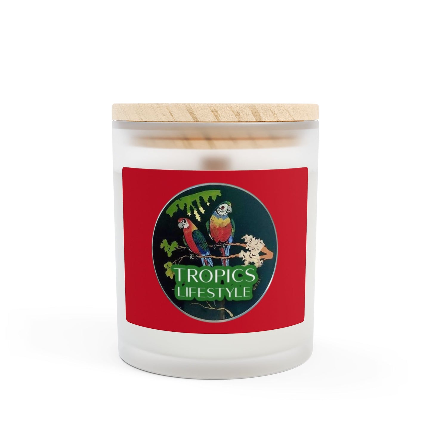 Frosted Glass Candle, 11oz - Two Brazilian Parrots, Red