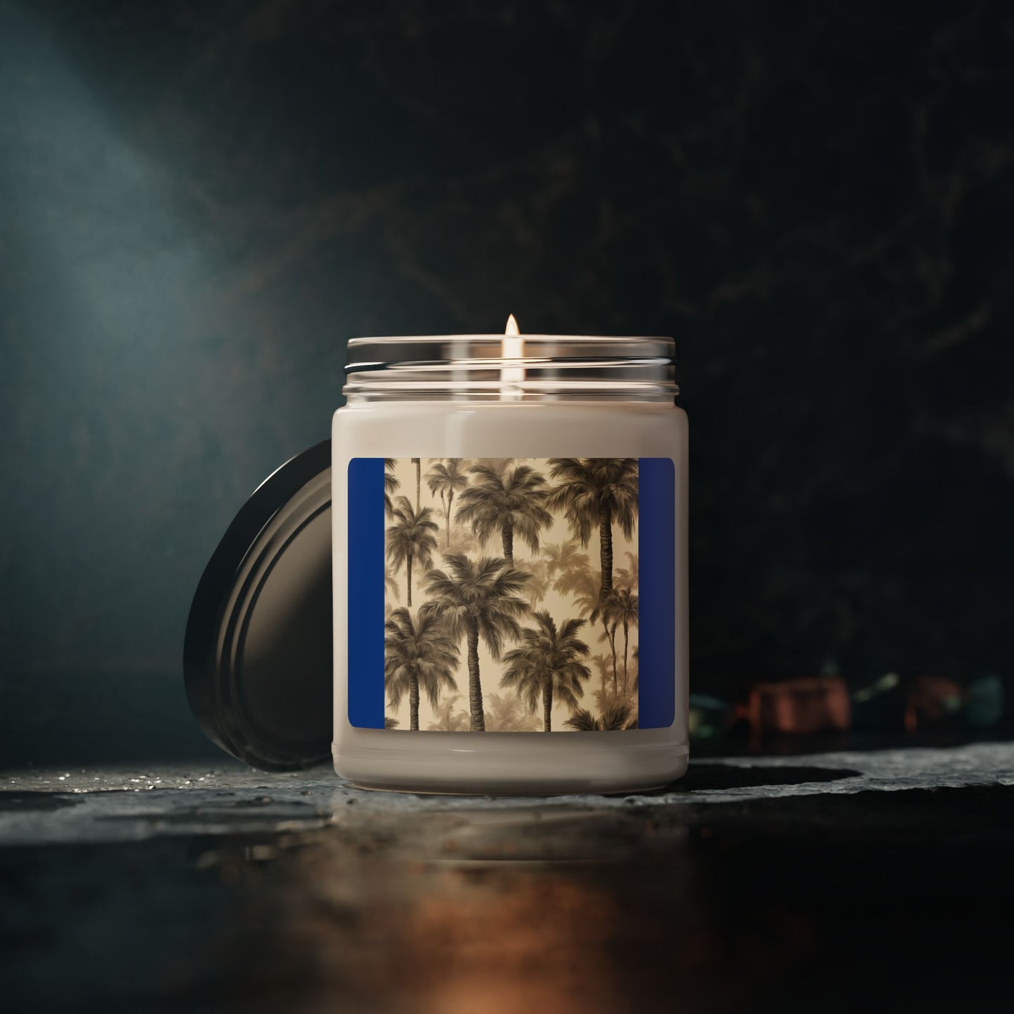 Scented Soy Candle, 9oz, Lisa's Fluffy Palms, dark blue