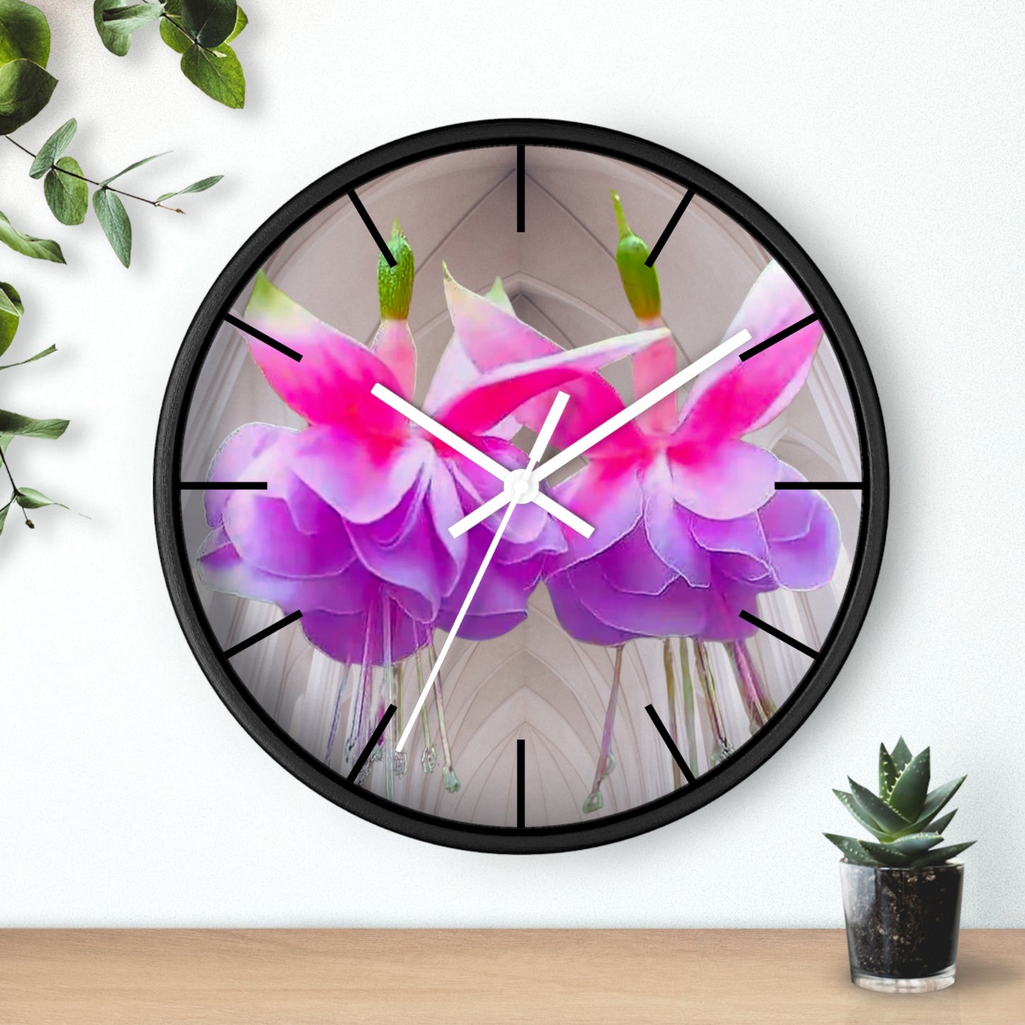 Wall Clock, Two Pink Fuchsias / Gothic, Hands/Base Variants