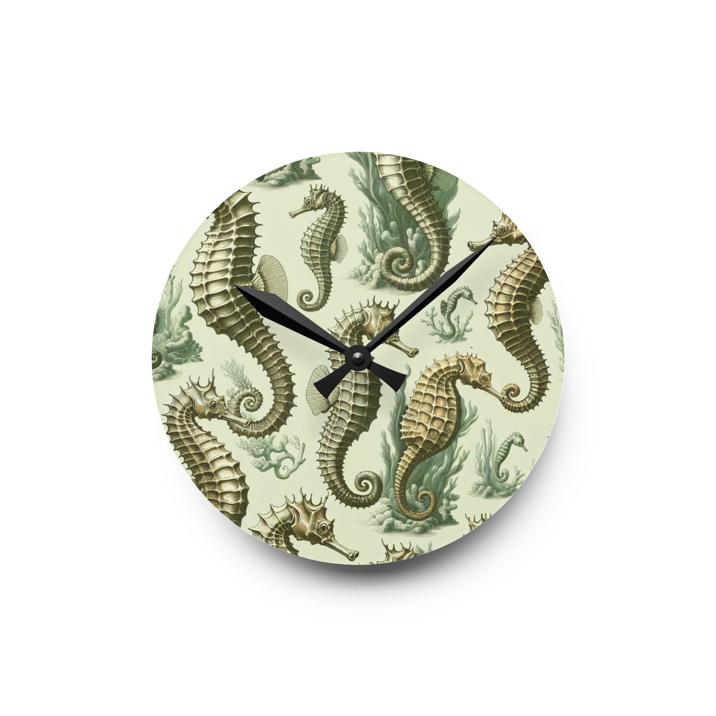 Acrylic Wall Clock, Green Toile Seahorses