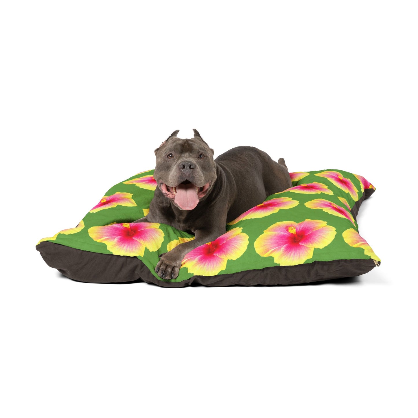 Pet Bed - Cozy and Fun Dog or Cat Bed for Beach Lovers / Real Yellow & Pink Hibiscus/Lt. Green