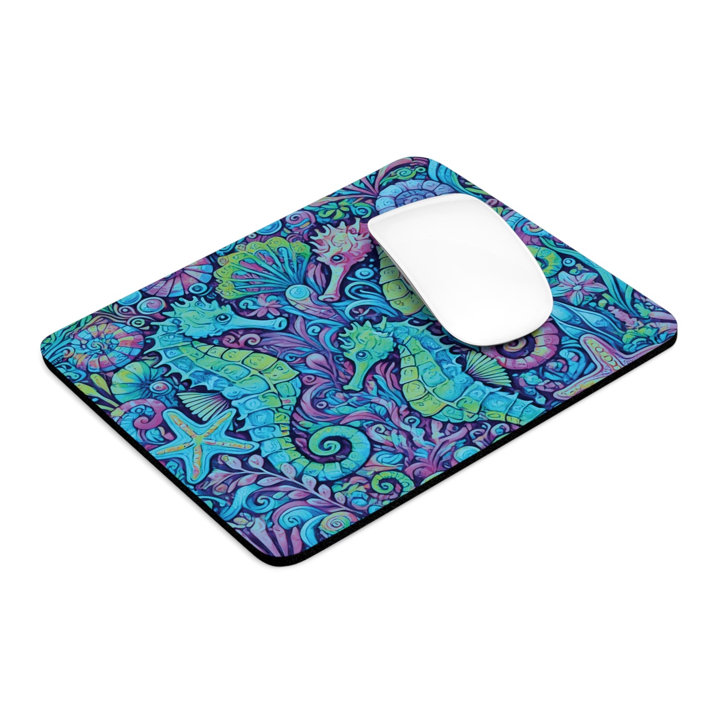 Tropical Mouse Pad, 2 Shapes - Beach Vibes for Home Office & Gamer / Seahorse Trio, Turquoise Pop