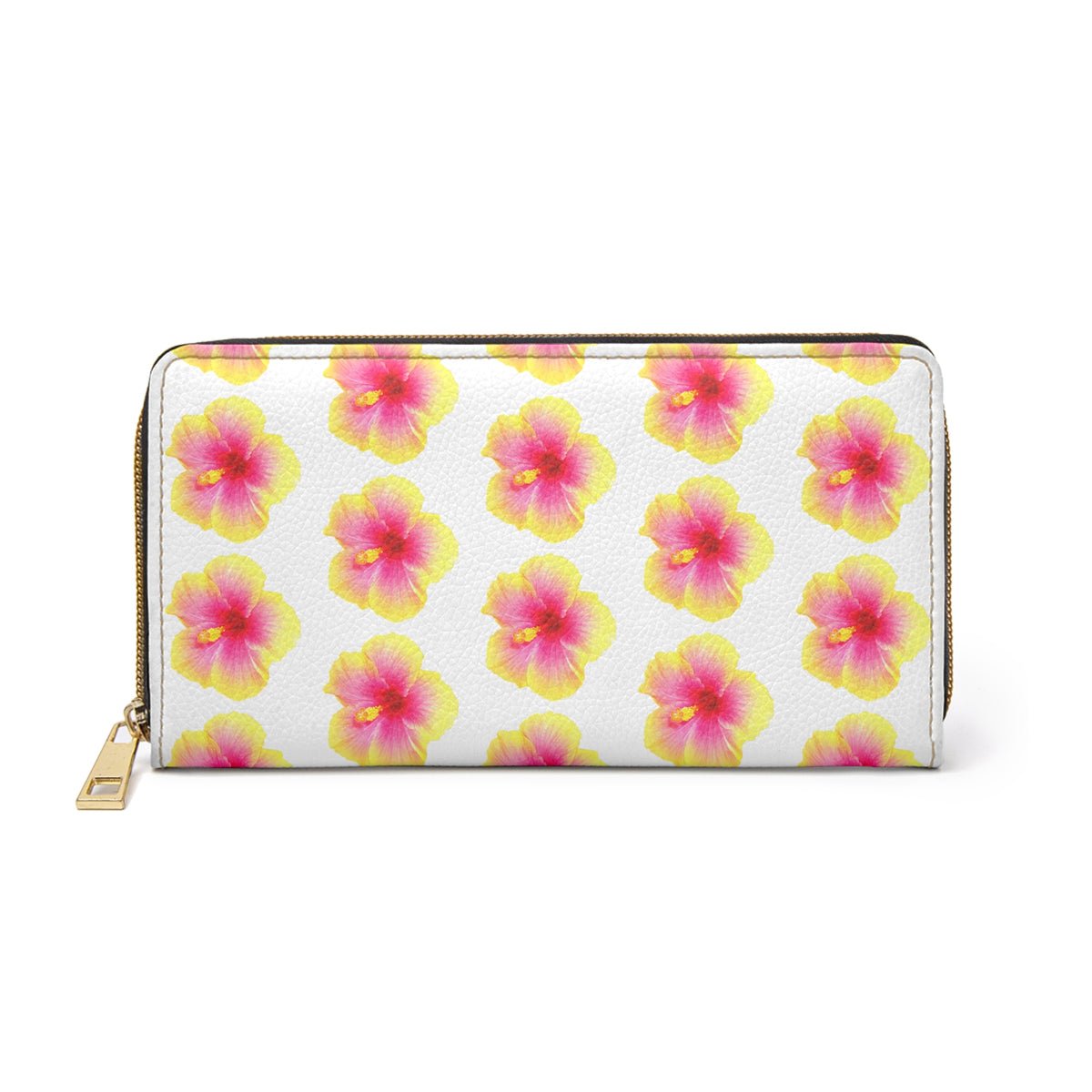 Tropical Zipper Wallet, Faux Leather / Vibrant Clutch / Micro Sunset Hibiscus, White