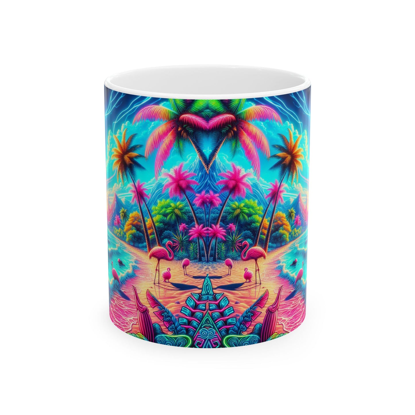 Ceramic White Mug - 11oz & 15oz, / Pop Art Flamingo Beach