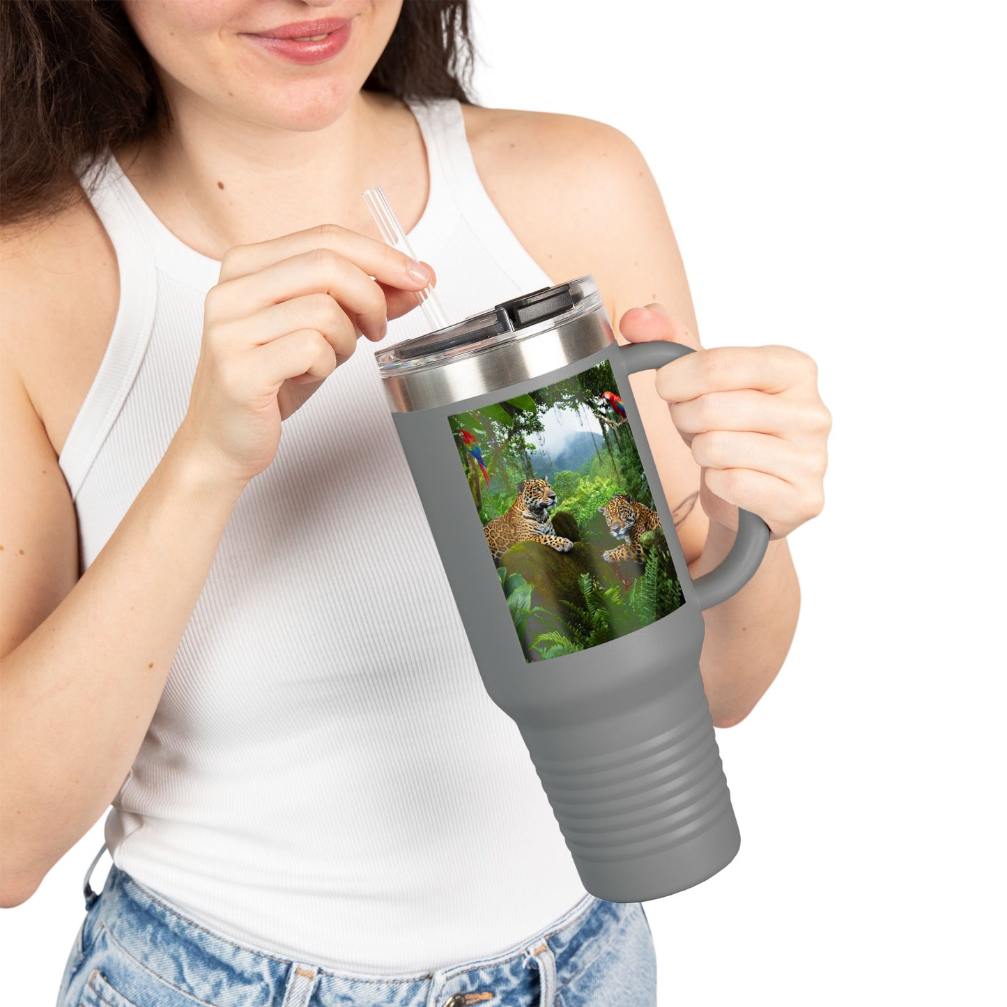 Insulated Travel Mug, 40oz / Jaguars and Parrots - Perfect for Outdoor Adventures