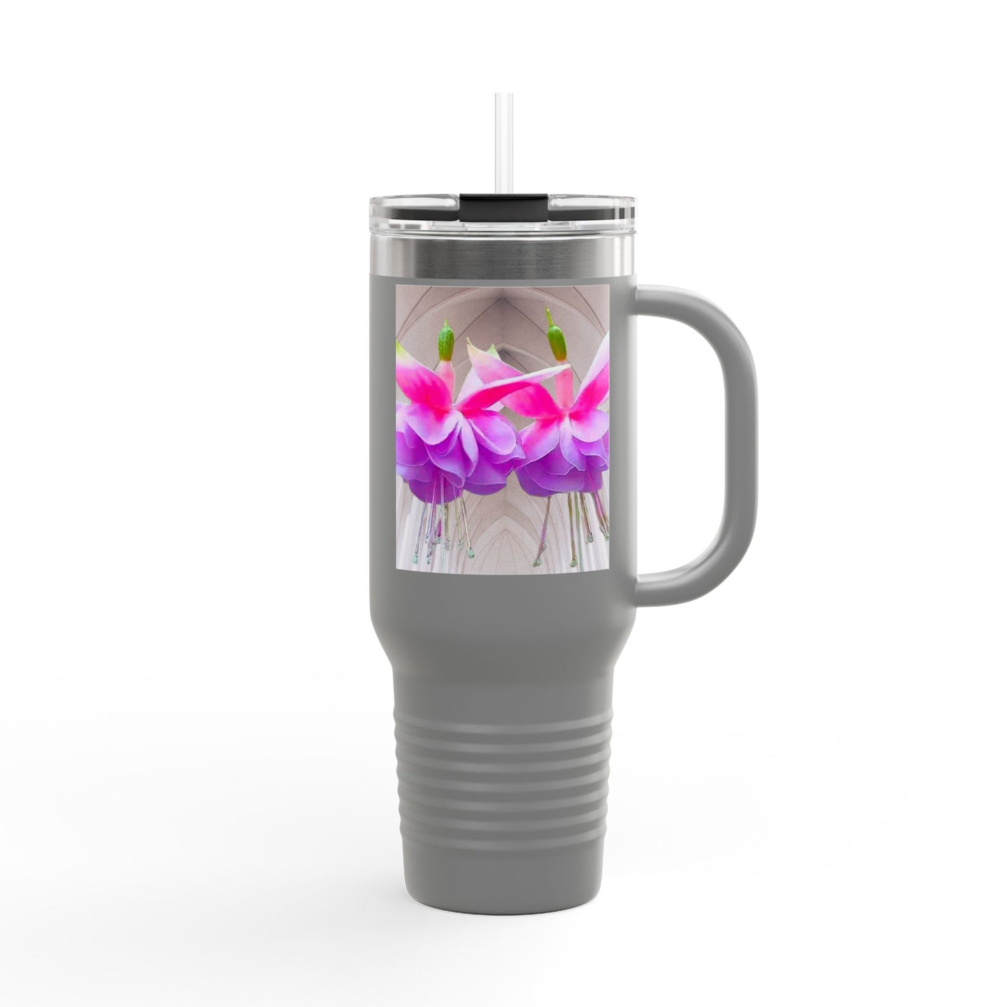 Insulated Travel Mug, 40oz / Floral Two Fuchsias, Gothic - Perfect for Outdoor Adventures