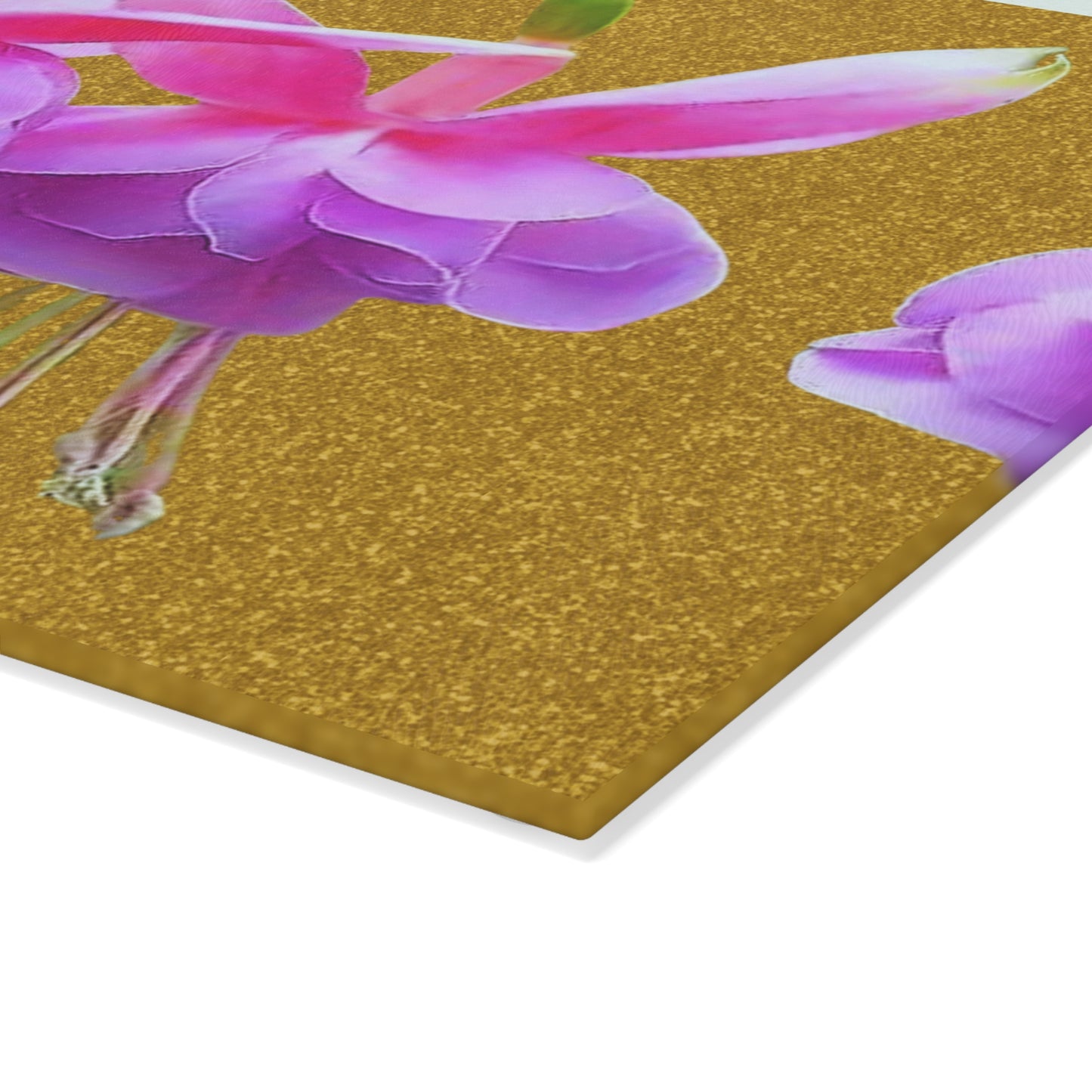 Glass Cutting Board, 2 sizes - Pink Fuschsias, Gold