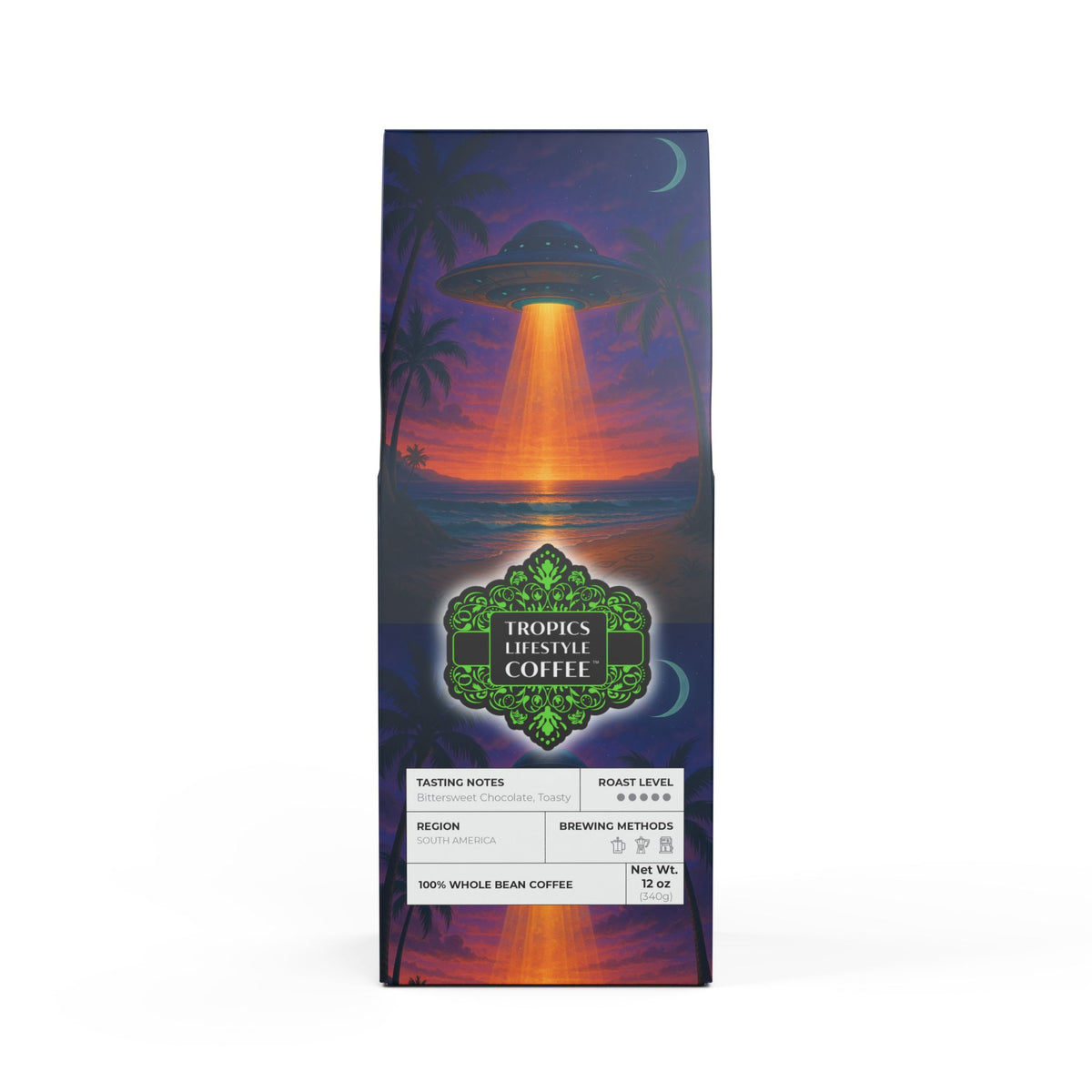 Black Coral Blend™ (Dark French Roast) Specialty Grade Craft Coffee / Beach UFO at Night