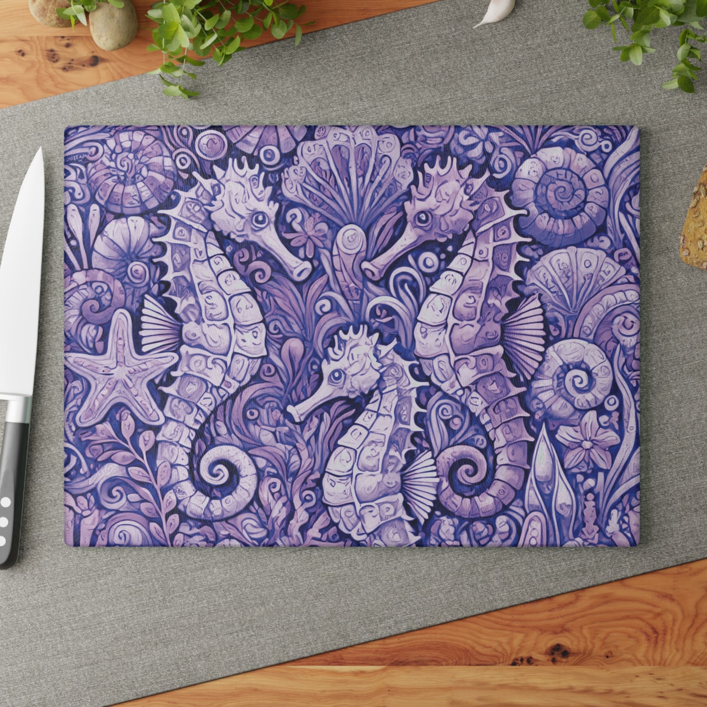 Glass Cutting Board, 2 sizes - Seahorses Amethyst