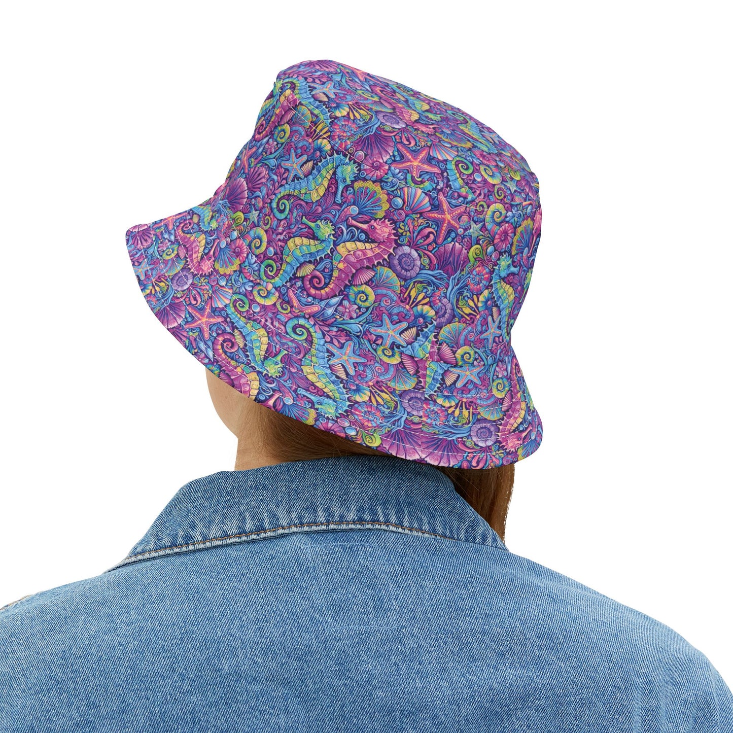 Tropical Polyester Bucket Hat, 2 Sizes - Seahorses Fantasy Pop