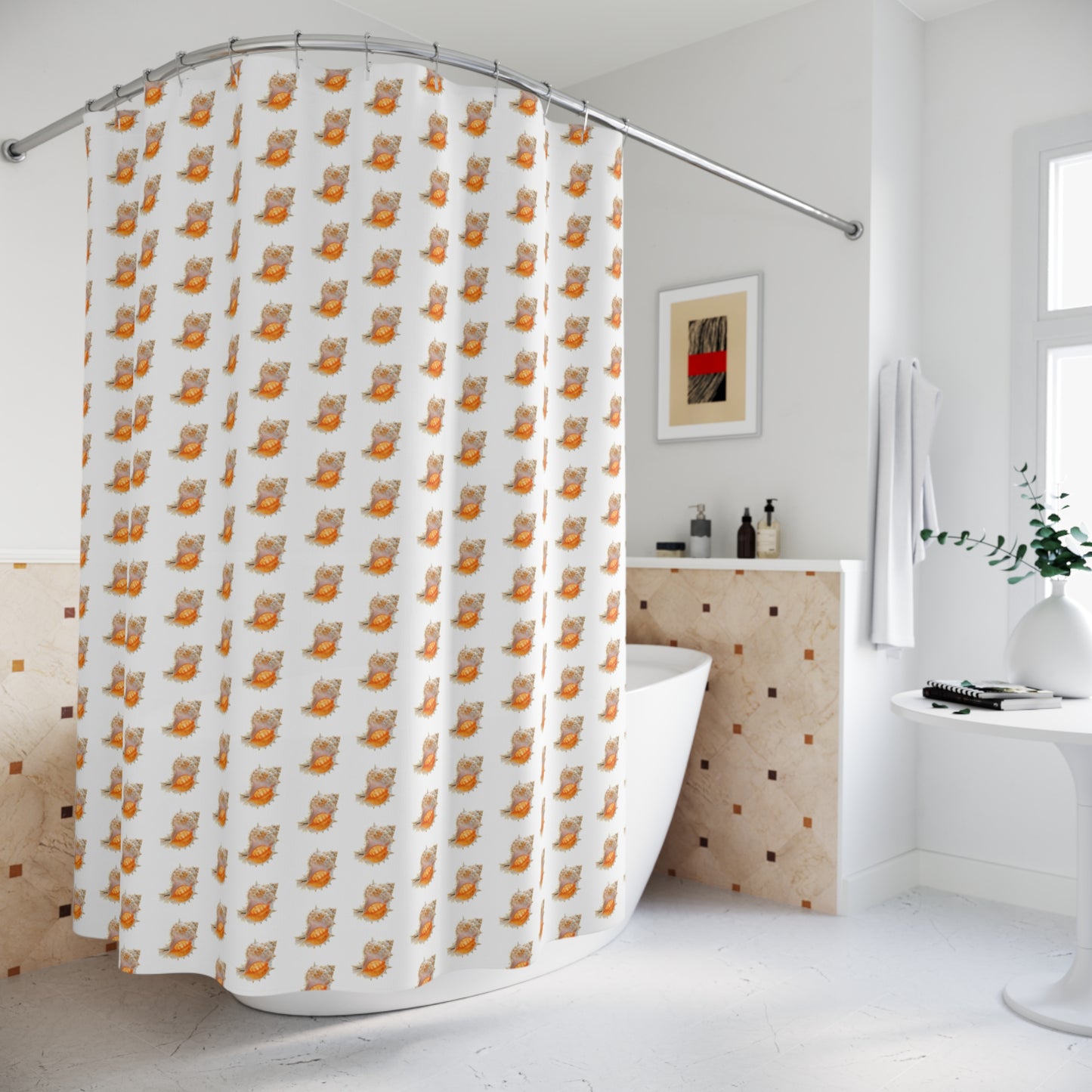 Tropical Shower Curtain - Ocean Bathroom Decor / Conch Shell/White