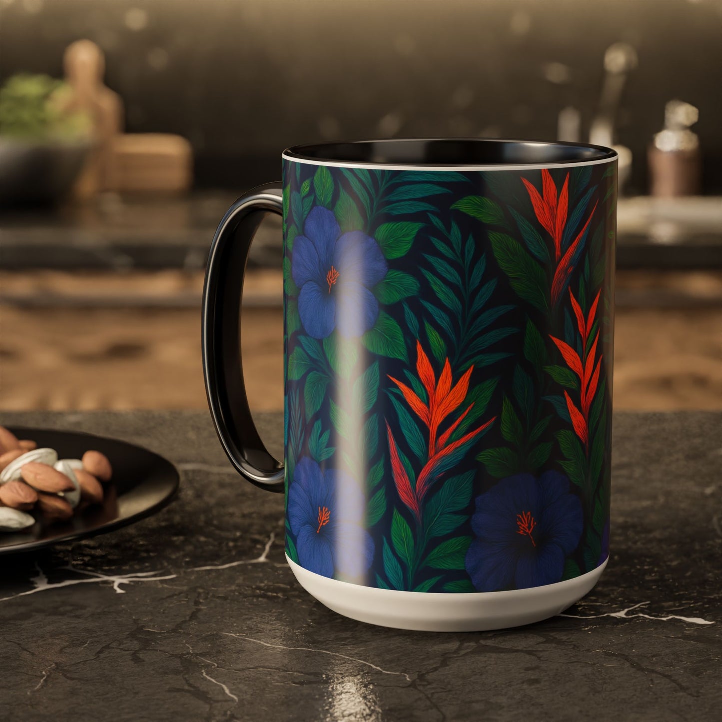 Vibrant Floral Coffee Mug - 11oz & 15oz / Midnight Flower Coral