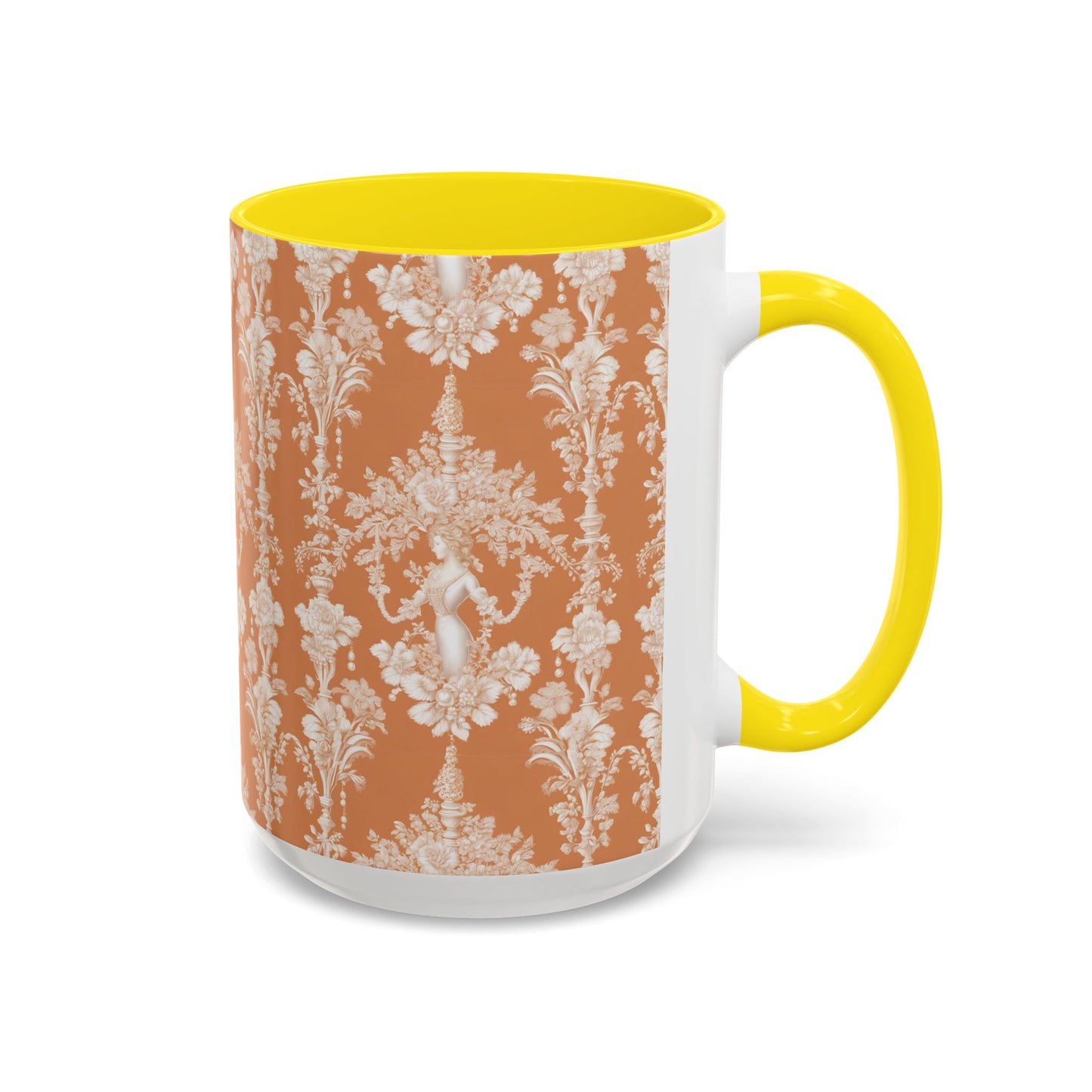 Accent Coffee Mug (11, 15oz), Pearl Lady Toile/Melon Repeat, Various Colors