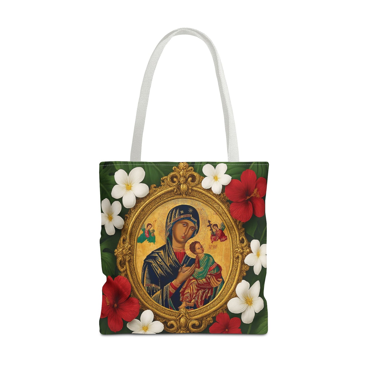 Religious Art Polyester Tote Bag, 3 Sizes / Our Lady of Perpetual Help, Red Flowers