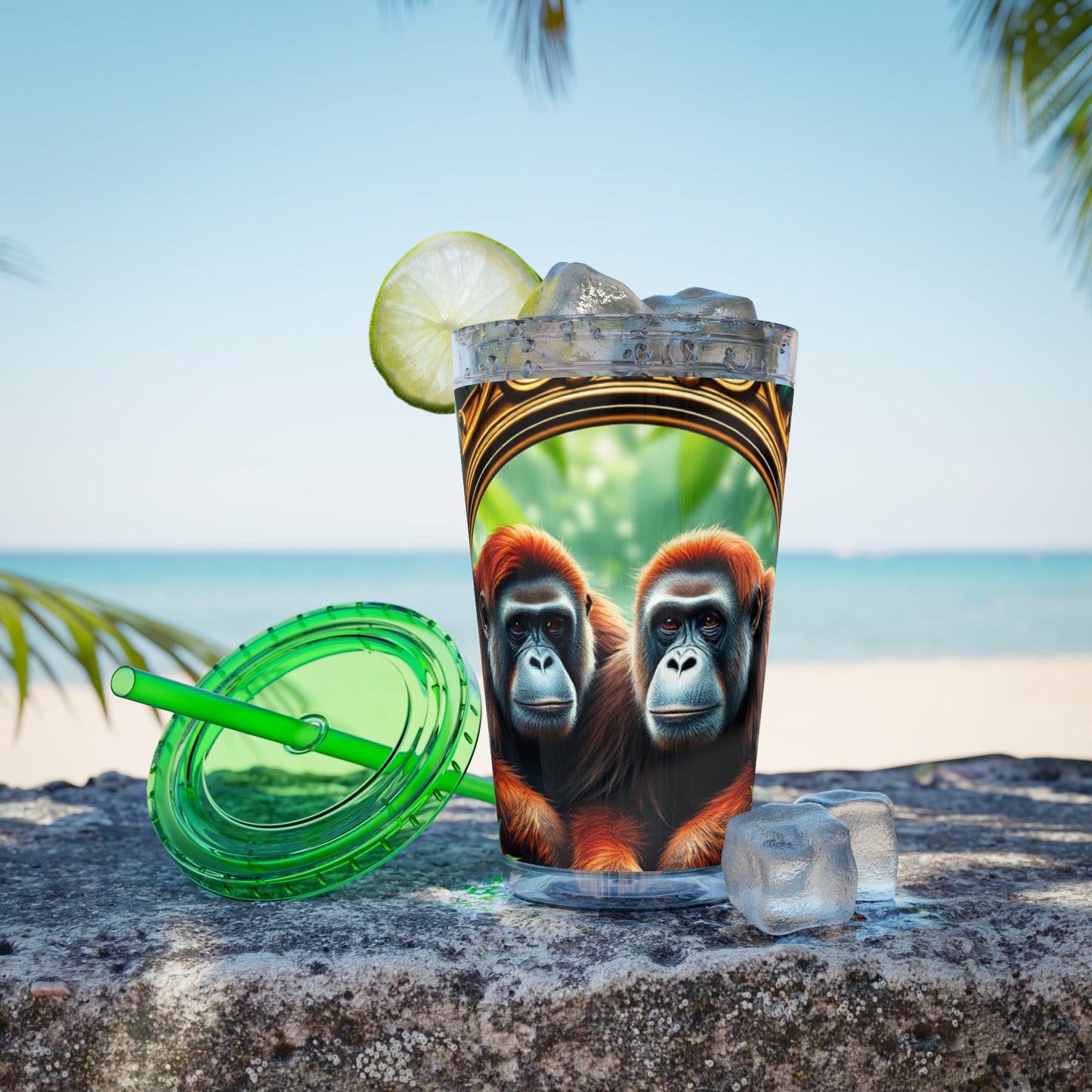 Tropical Tumbler with Straw | 16oz Colorful Travel Cup / Framed Orangutan Apes
