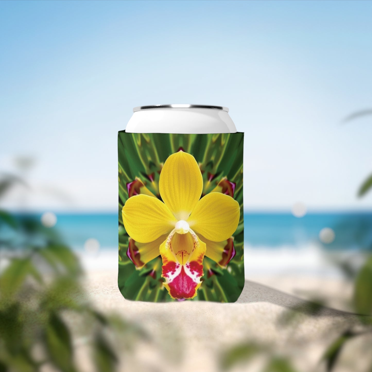 Kaleido Yellow Orchid Can Cooler Sleeve - Perfect for Outdoor Picnics