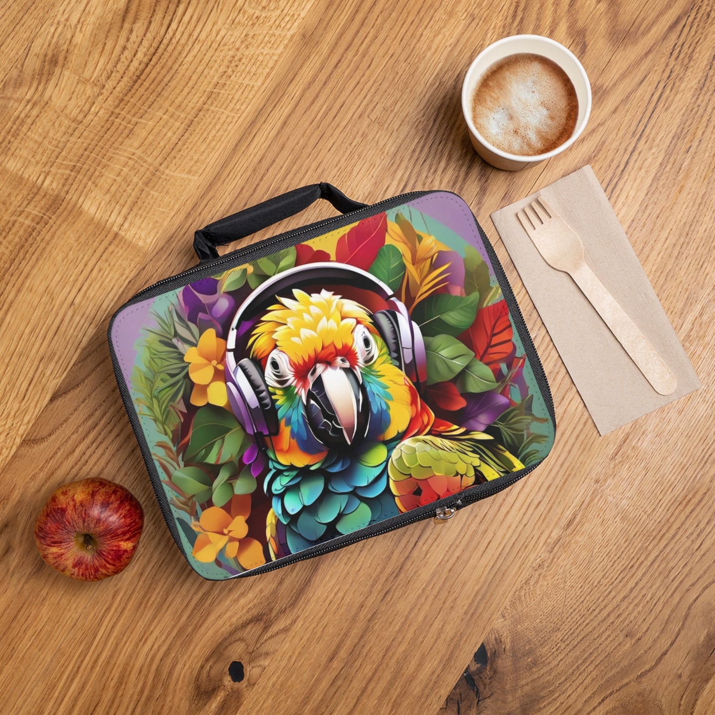 Rockin' Out Parrot Lunch Bag - Eco-Friendly Insulated Tote, Adult and Child Lunchbox / Perfect for Picnics, Beach Outings
