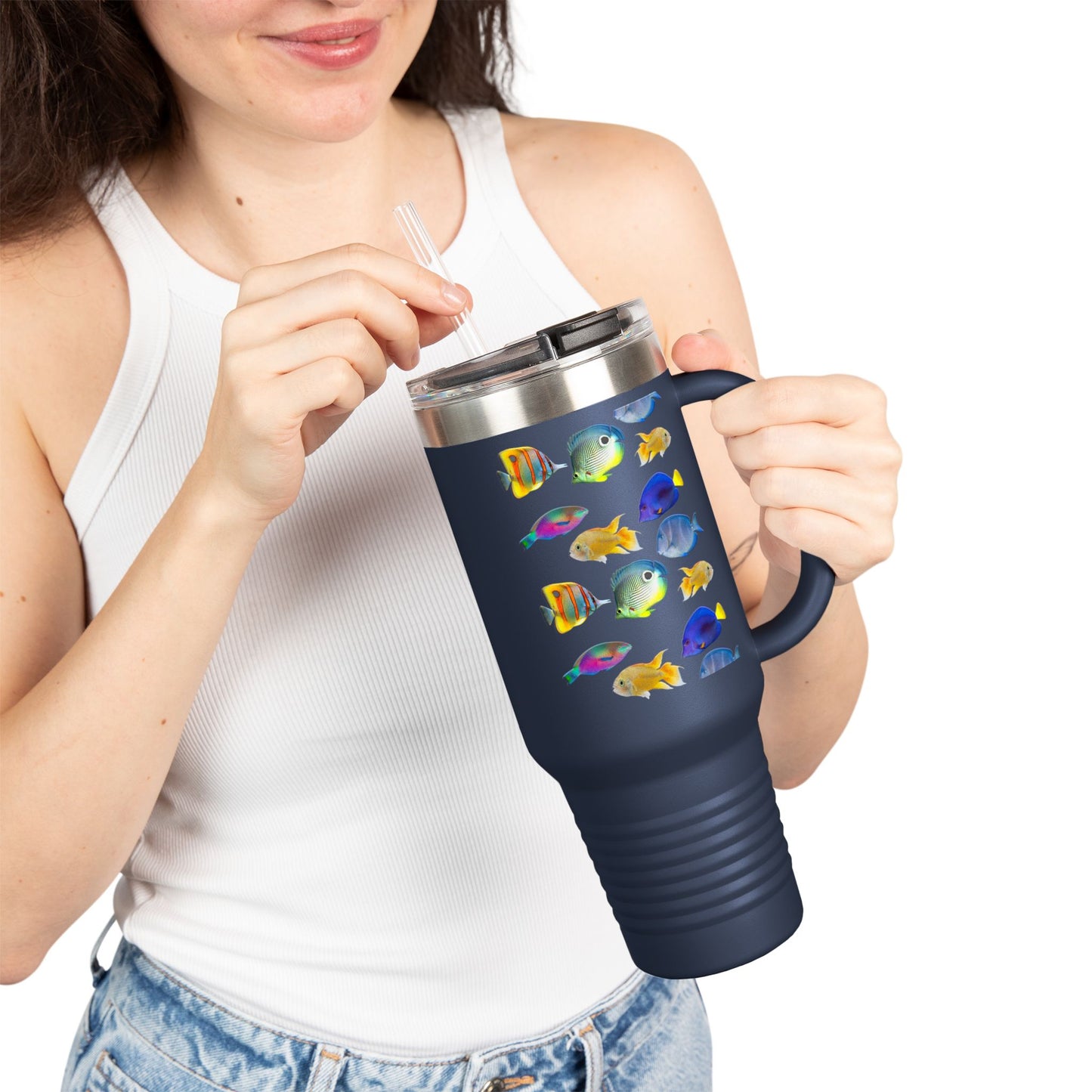 School of Fish/White Insulated Travel Mug - 40oz - Perfect for Outdoor Adventures