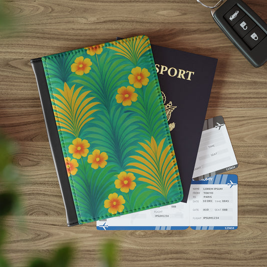 Tropical Passport Cover, Faux Leather - RFID blocking for travel security / Sunrise Palms, Green