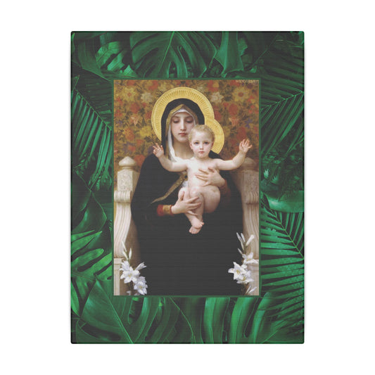 "Tropical Rainforest Madonna of Lilies" Religious Canvas Artwork - Stretched Canvas Print / Virgin Mary & Jesus