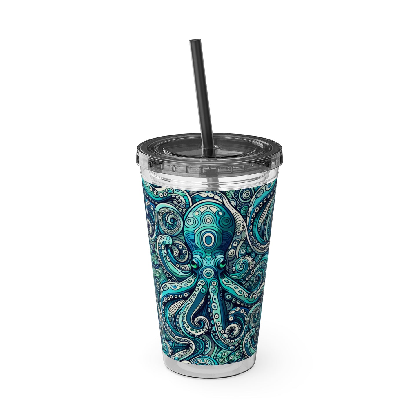 Tropical Tumbler with Straw | 16oz Colorful Travel Cup / Aqua Octopus