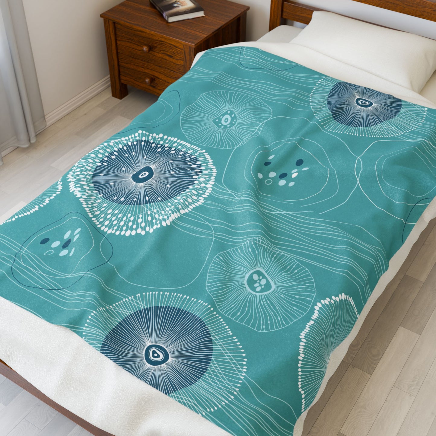 Plankton Drift Teal Velveteen Plush Blanket