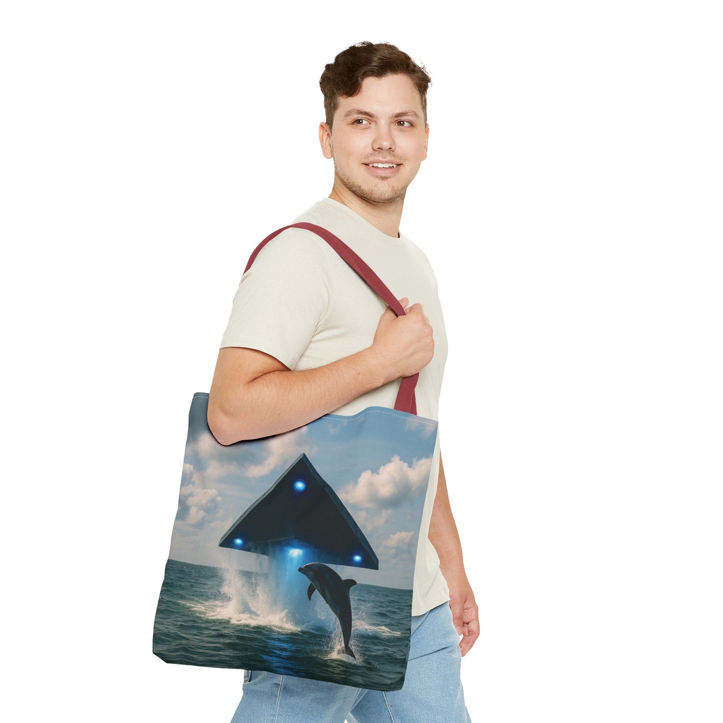 UFO and Dolphin in Ocean Tote Bag - 3 Sizes