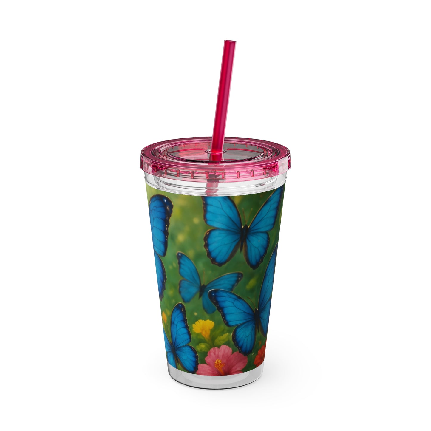 Tropical Tumbler with Straw | 16oz Colorful Travel Cup / Morpho Butterflies Flight