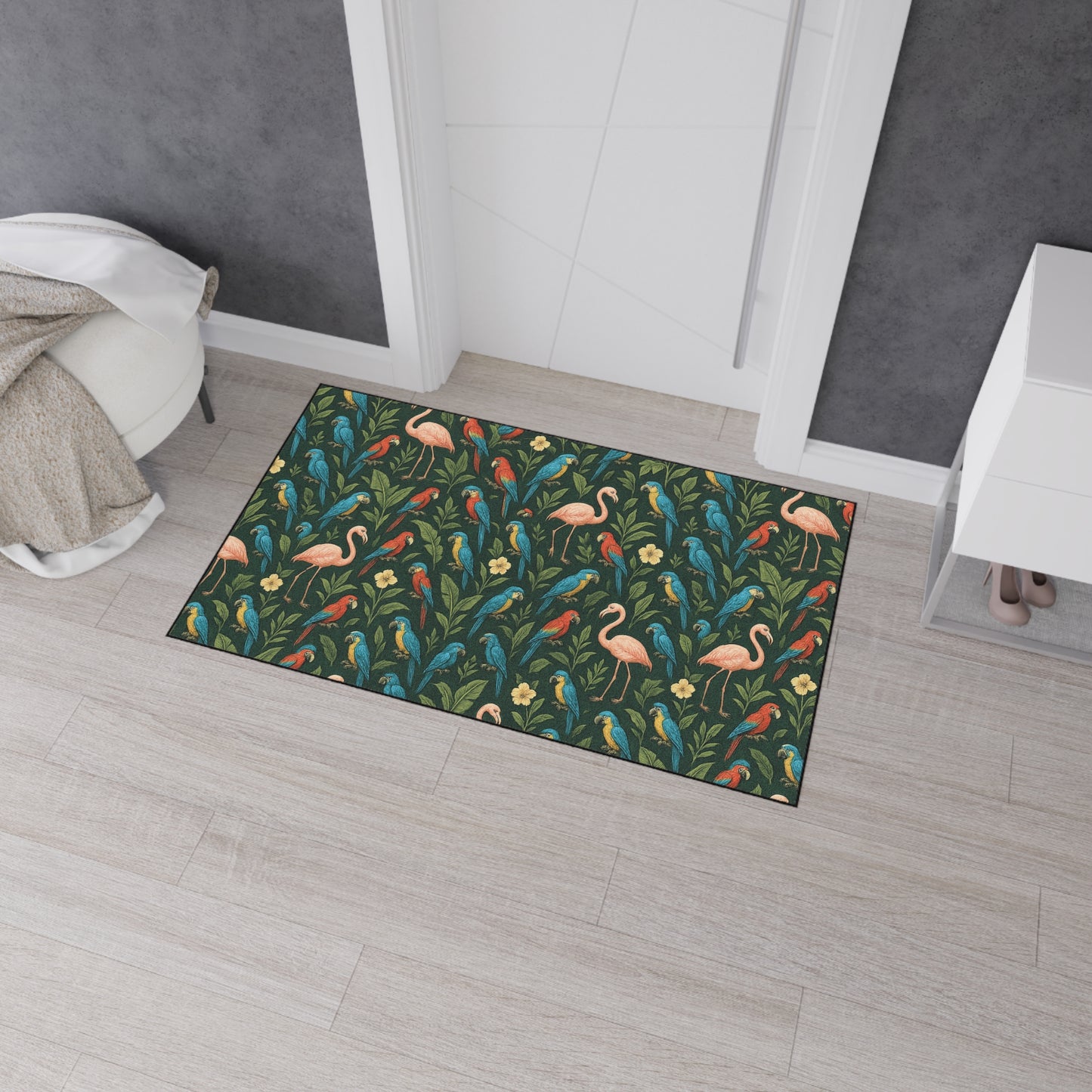 Heavy Duty Floor Mat, 5 Sizes – Tropical Area Rug for Home Décor / Flamingos and Parrots