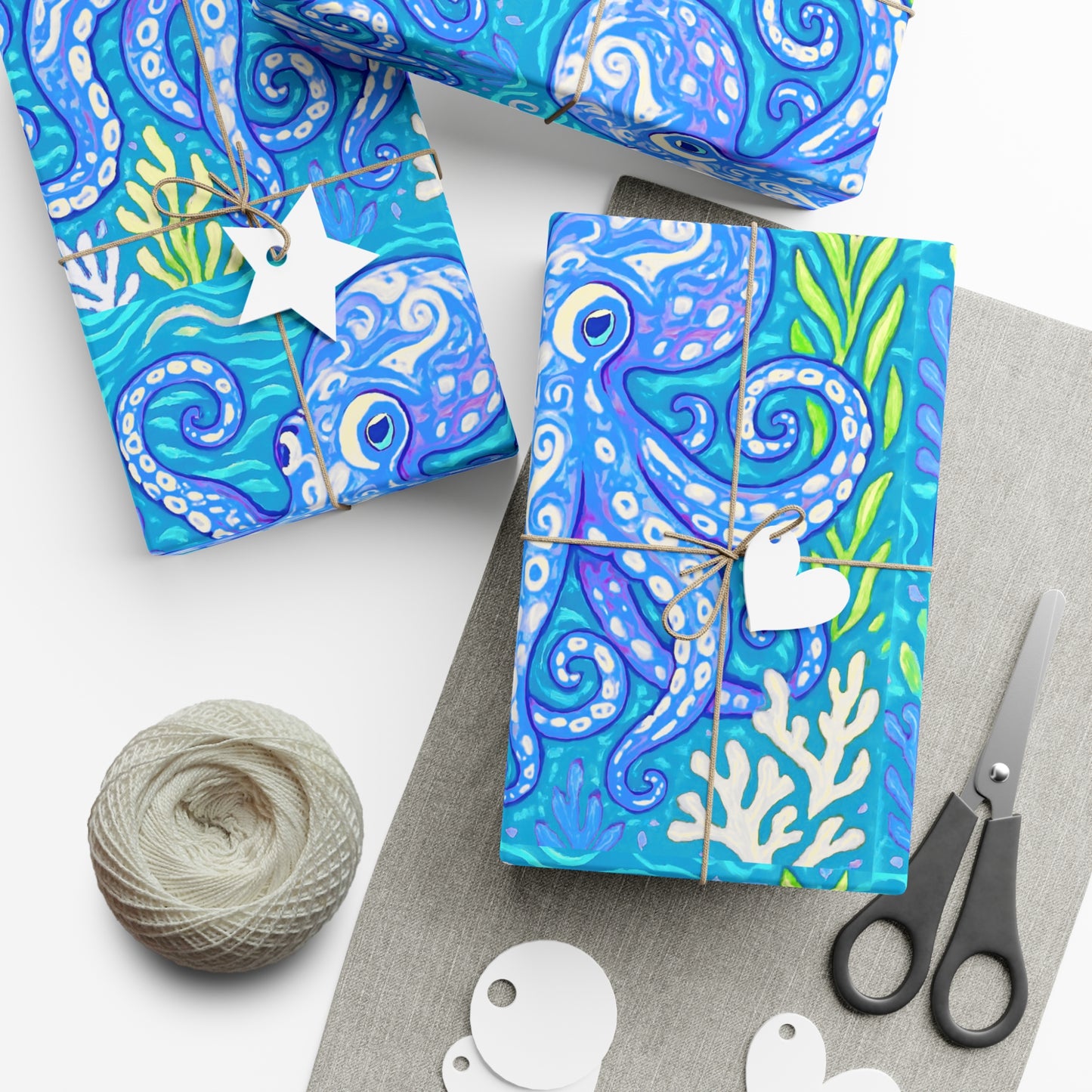 Wrapping Paper - Tropical Gift Wrap for All Occasions / 3 Sizes, 2 Finishes / Octopus Kraken Joe, Blue