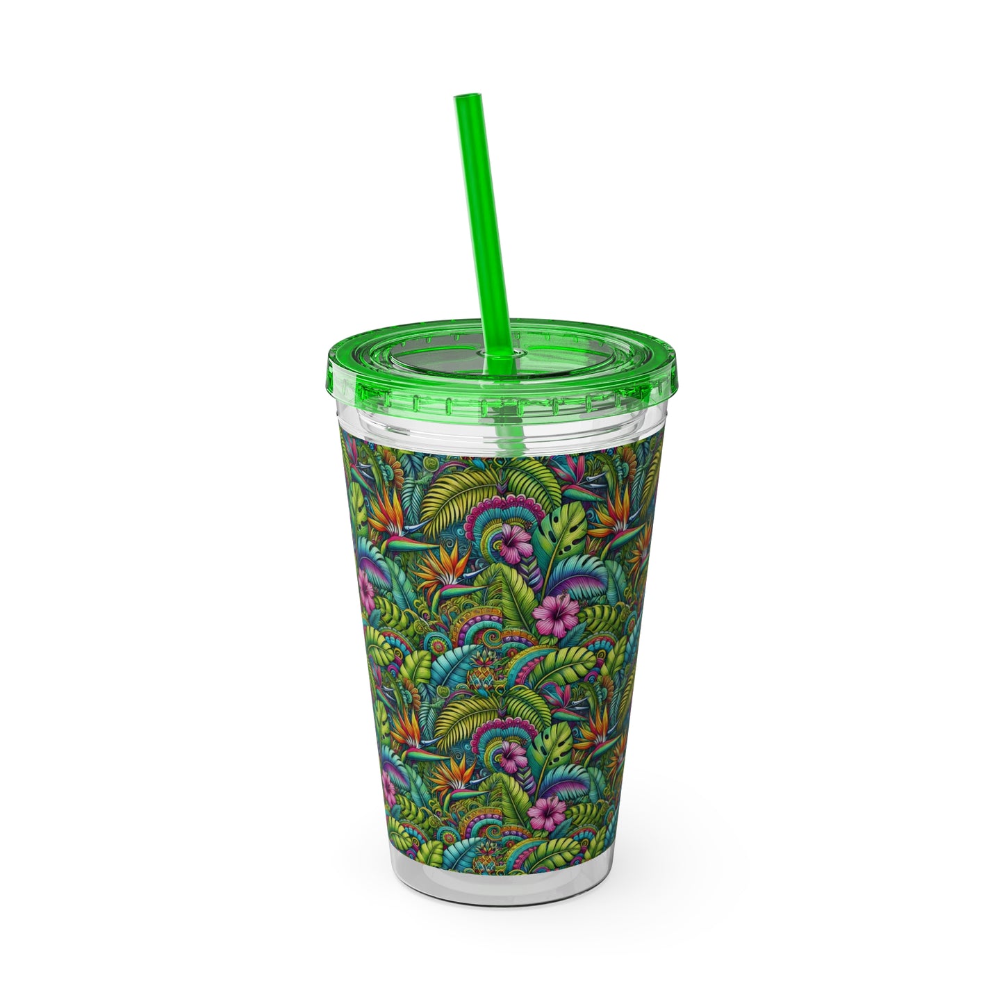 Tropical Tumbler with Straw | 16oz Colorful Travel Cup / Rainforest Blooms