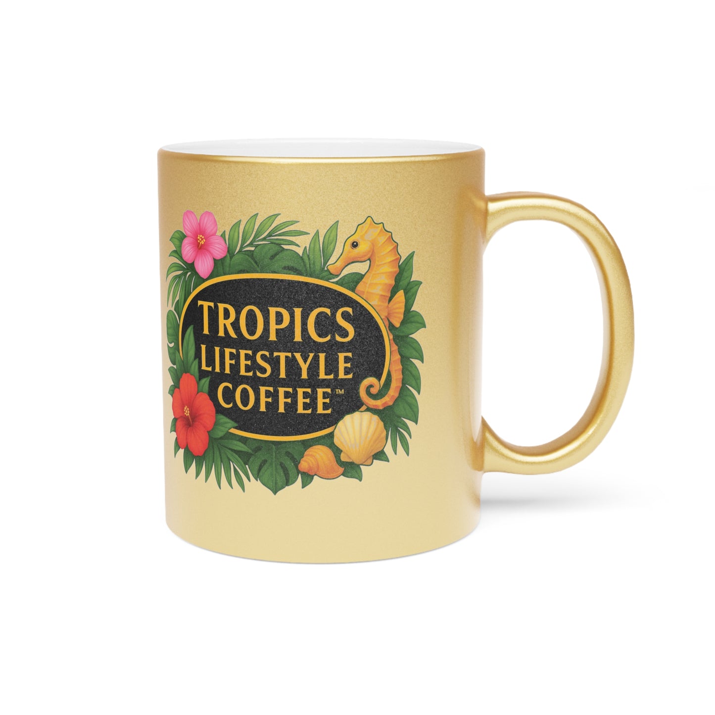 Tropical Metallic Mug, Gold or Silver - TLCoffee Seahorse Logo