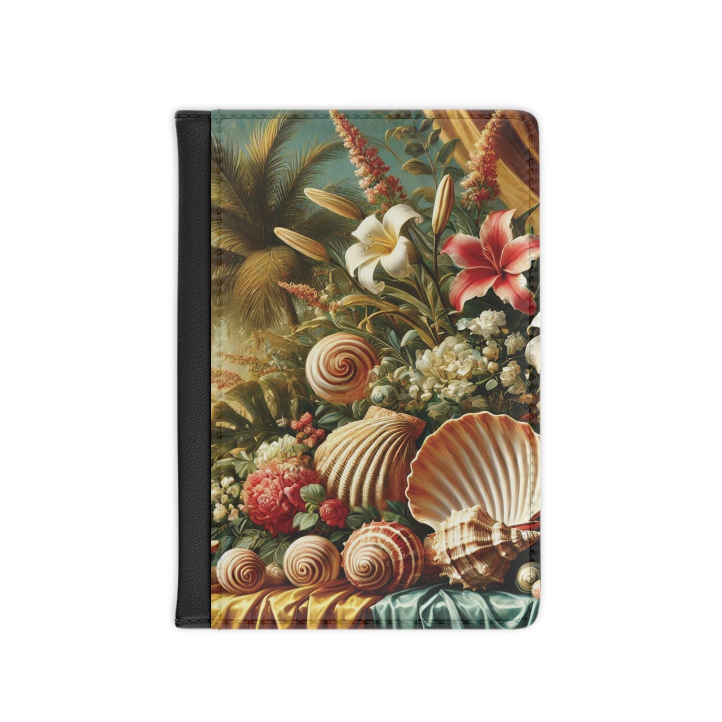 Tropical Passport Cover, Faux Leather - RFID blocking for travel security / Shells and Flowers
