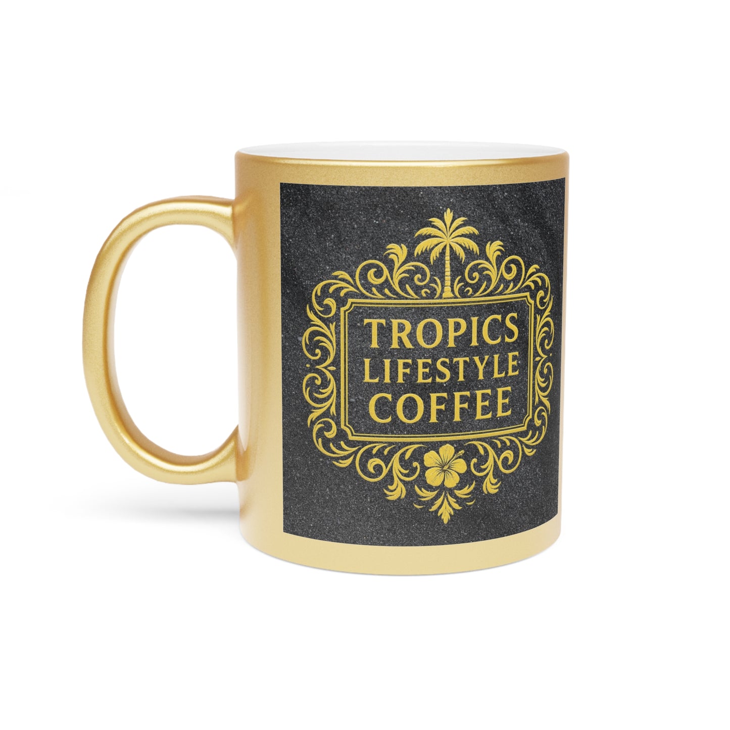 Tropical Metallic Mug, Gold or Silver - Tropics Lifestyle Coffee, Black/Gold Logo