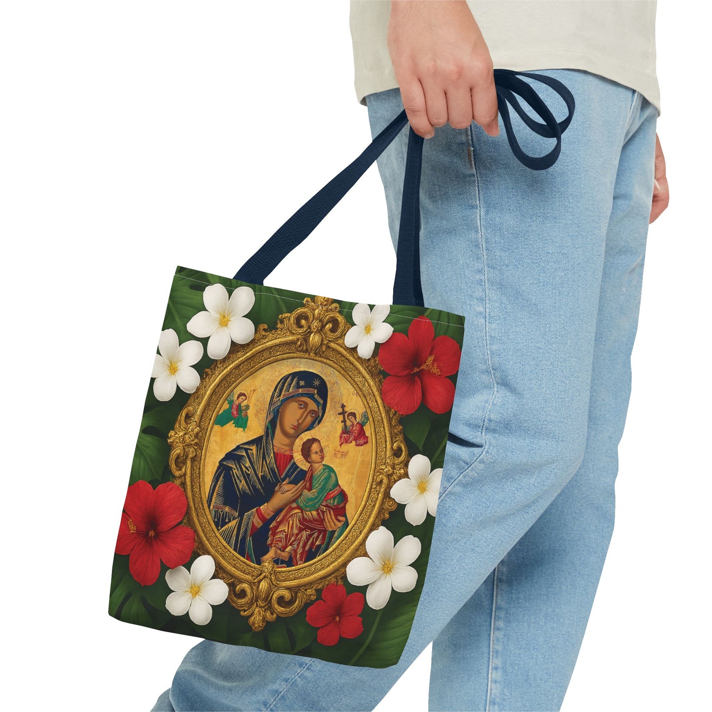 Religious Art Polyester Tote Bag, 3 Sizes / Our Lady of Perpetual Help, Red Flowers