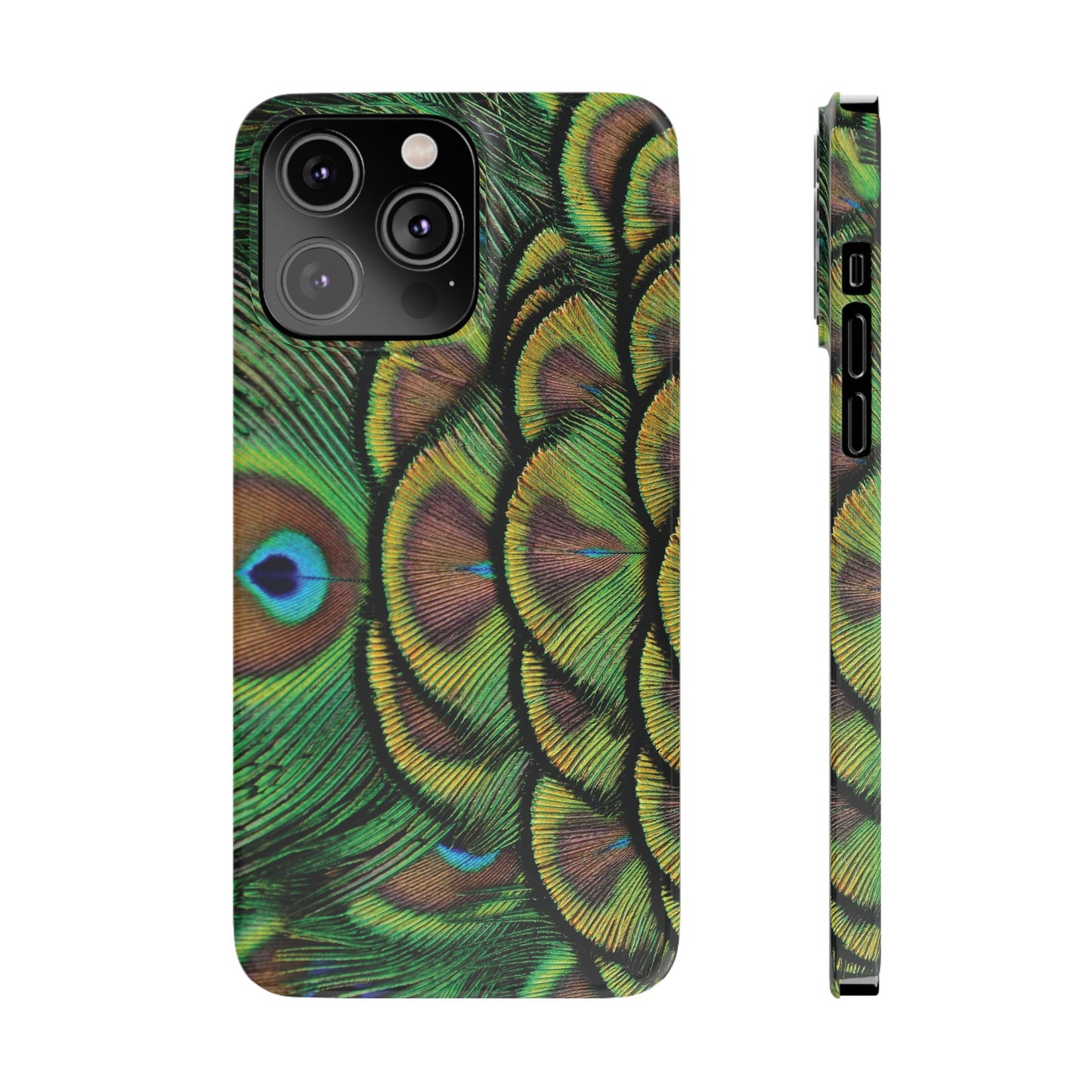 Slim Phone Cases - Brilliant Green Peacock Feathers