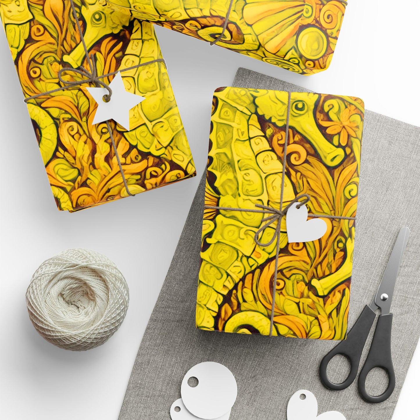 Wrapping Paper - Tropical Gift Wrap for All Occasions, 3 Sizes/2 Finishes / Seahorses, Yellow