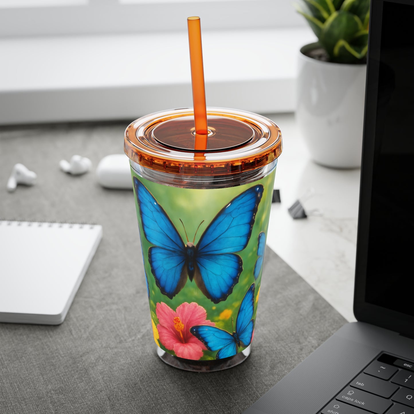 Tropical Tumbler with Straw | 16oz Colorful Travel Cup / Morpho Butterflies Flight