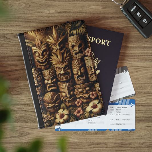 Tropical Passport Cover, Faux Leather - RFID blocking for travel security / Tiki Totem Faces