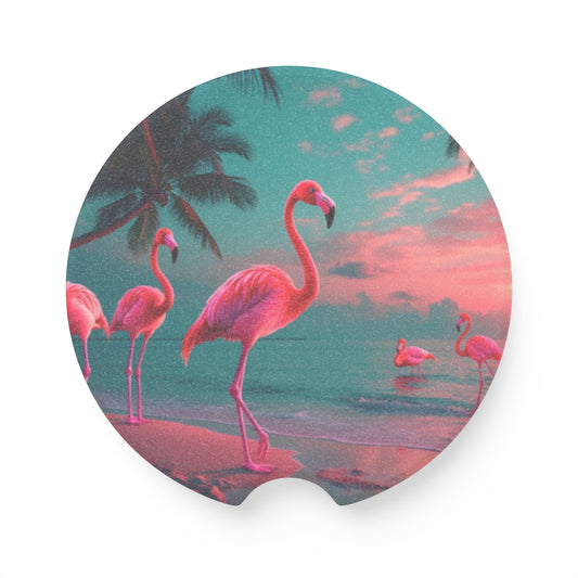 Soapstone Car Coaster - Neon Night Flamingos